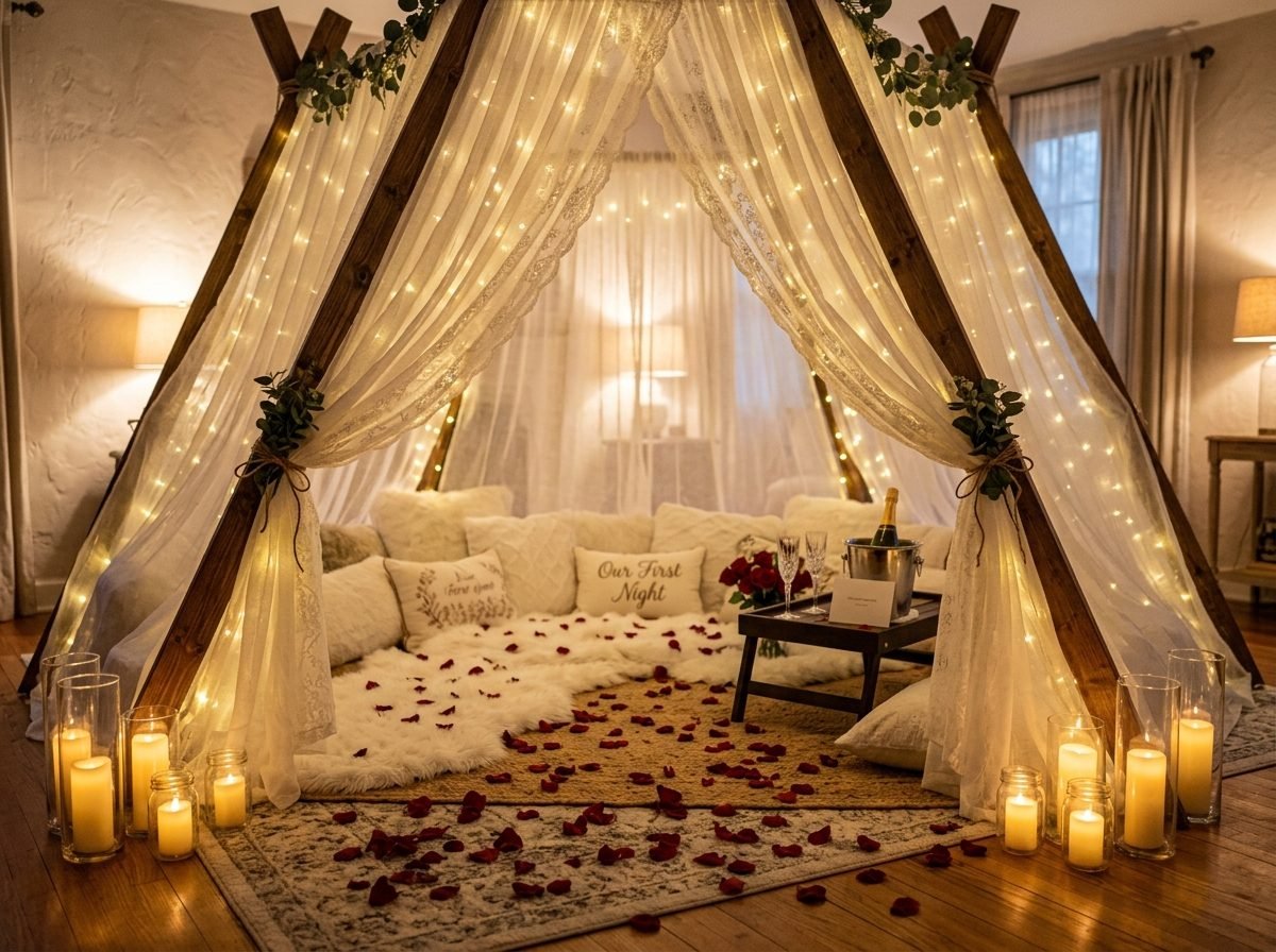 Romantic Boho Cabana Canopy Tent Surprise Setup (Fairy Lights & Cushions) - Love & Romantic in Gurugram